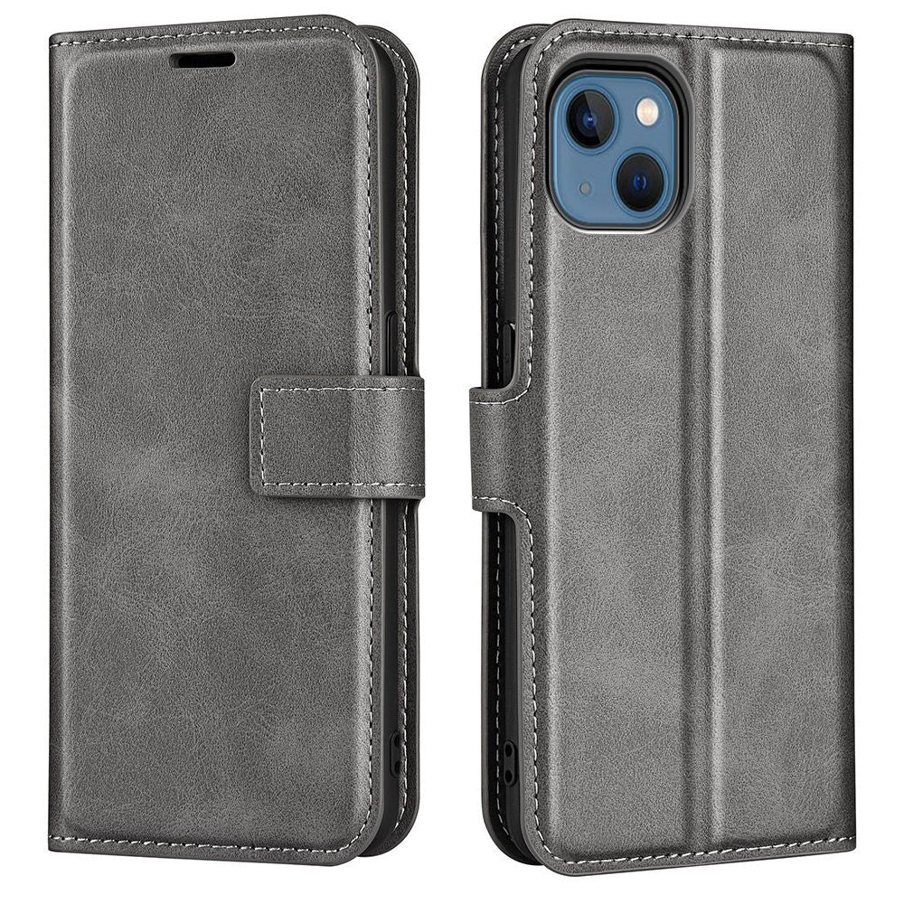 iPhone 14 Plus Leather Flip Deksel med Kortholder & Magnetisk Åpen/Lukkefunksjon - Grå