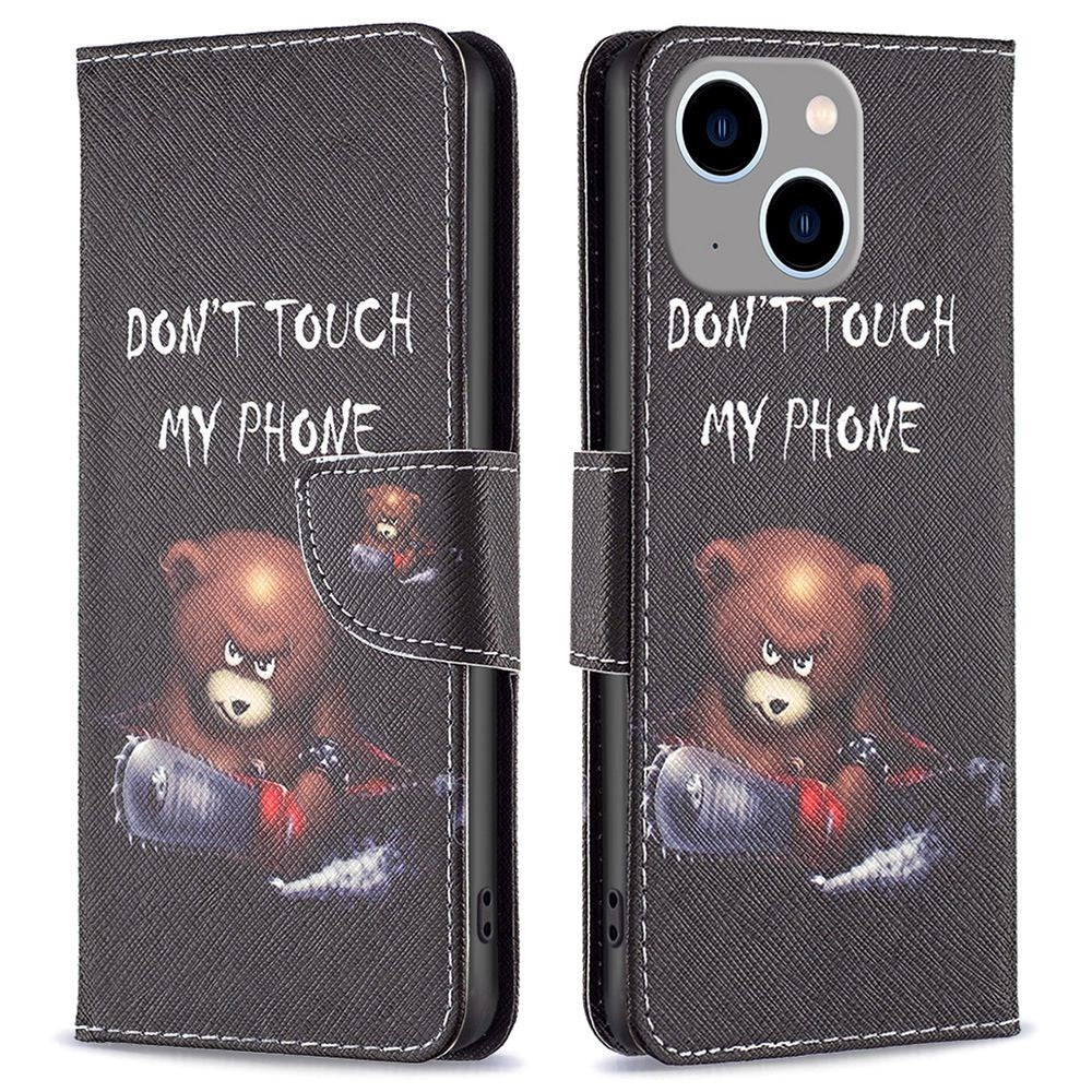 iPhone 14 Plus Flip Deksel i Kunstkinn med Lommebok og Trykk -  "Don't Touch My Phone Bjørn"