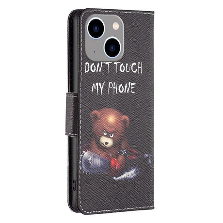 iPhone 14 Plus Flip Deksel i Kunstkinn med Lommebok og Trykk -  "Don't Touch My Phone Bjørn"