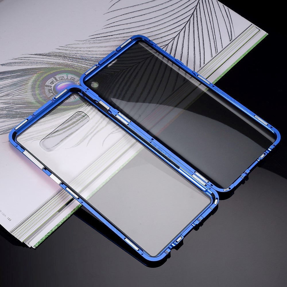 Samsung Galaxy S10 Magnetisk Metall Deksel m. Glass Foran og Bak m. Privacy Glass - Blå