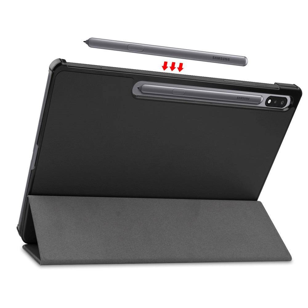 Samsung Galaxy Tab S8 Plus / S7 Plus 12.4" Tri-fold Skinn Flip Deksel med Stylus Pen Holder - Svart