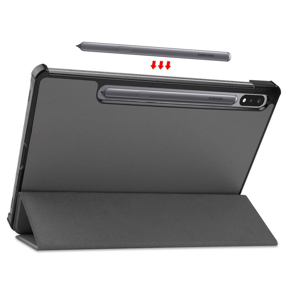 Samsung Galaxy Tab S8 / S7 Tri-fold Skinn Flip Deksel med Stylus Pen Holder - Grå