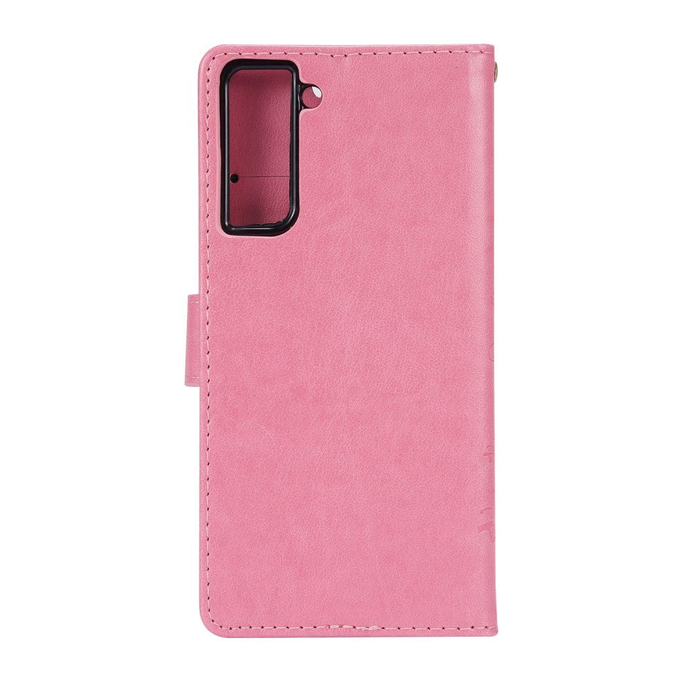 Samsung Galaxy S21 Skinn Flipdeksel med Lommebok - Blomster - Pink