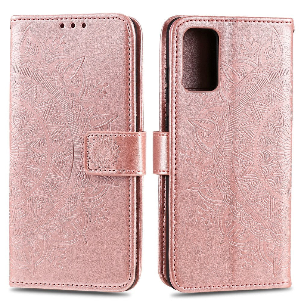 Samsung Galaxy A02s PU Skinndeksel m. Lommebok - Mandala Imprint - Rose Gold