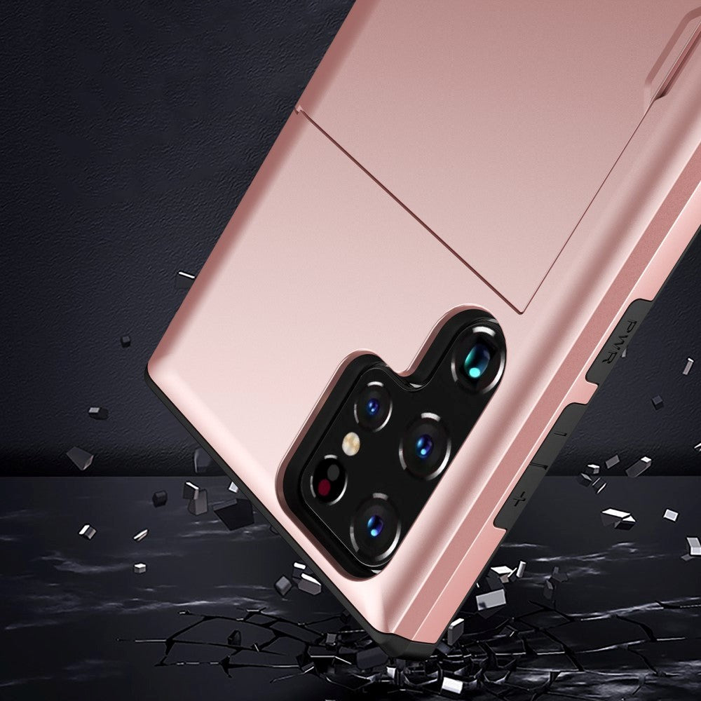 Samsung Galaxy S22 Ultra Hybrid Plast Håndverker Deksel med Kortholder - Rose Gold