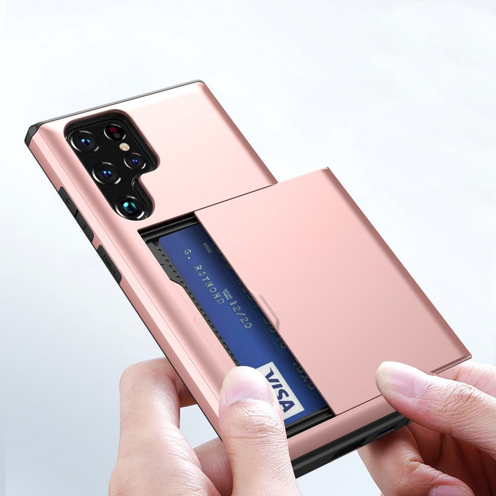 Samsung Galaxy S22 Ultra Hybrid Plast Håndverker Deksel med Kortholder - Rose Gold