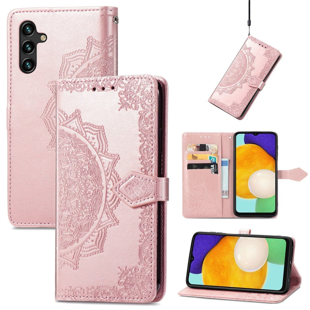 Samsung Galaxy A04s / A13 (5G) Flip Deksel i Skinn med Stropp - Mandala-mønster - Rose Gold