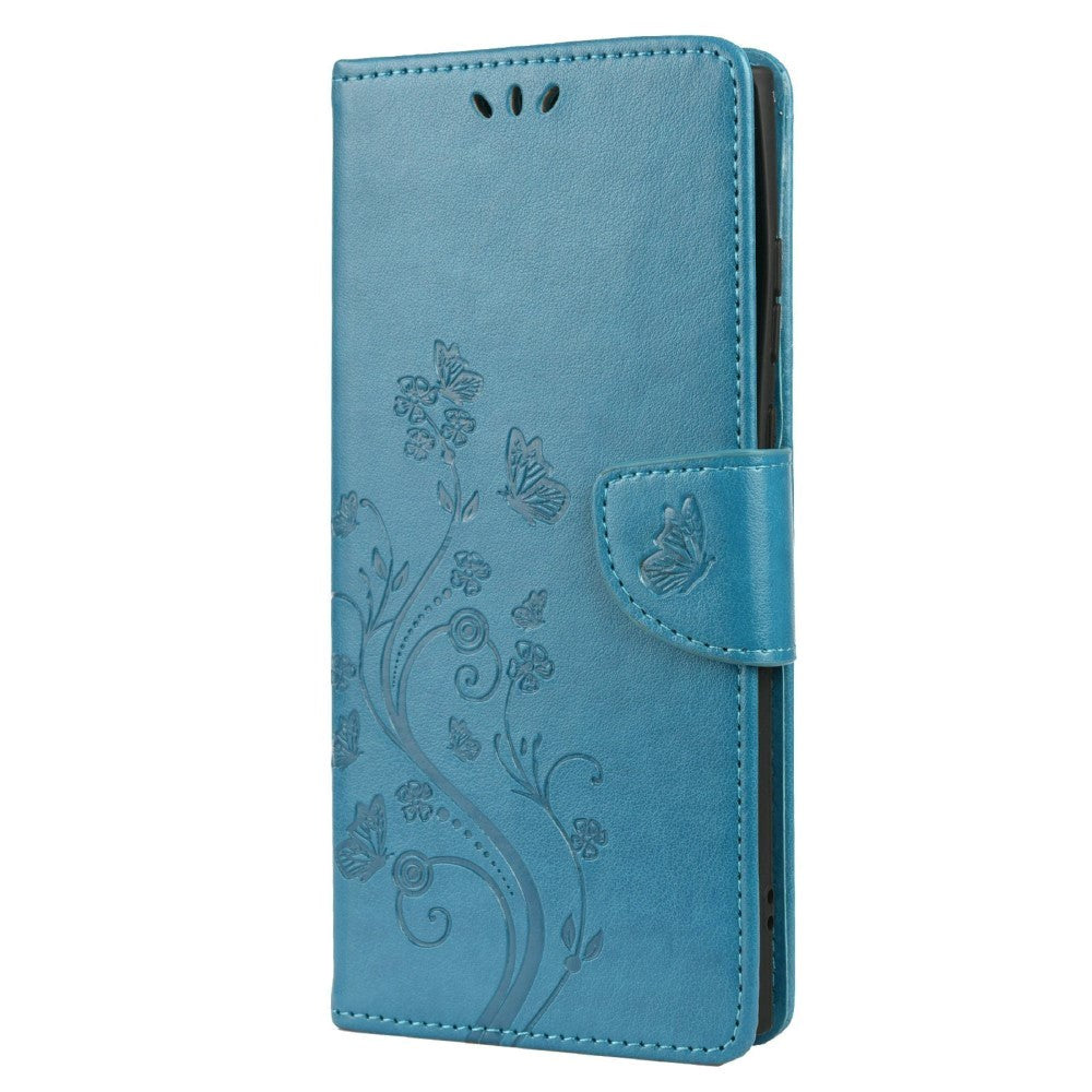 Samsung Galaxy S22 Ultra PU Skinn Flip Deksel med Lommebok Sommerfugler & Blomster - Blå