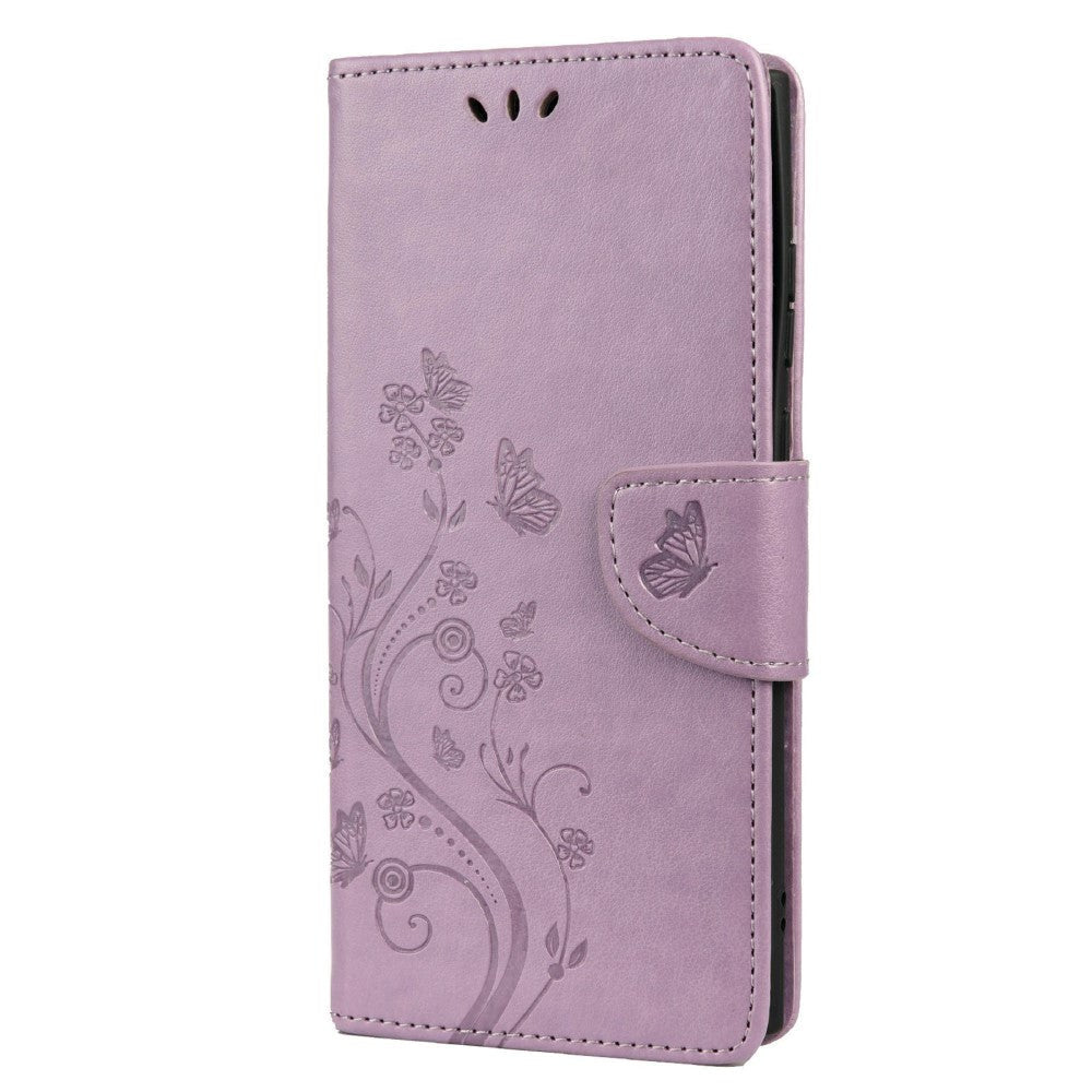 Samsung Galaxy S22 Ultra PU Skinn Flip Deksel med Lommebok Sommerfugler & Blomster - Lilla