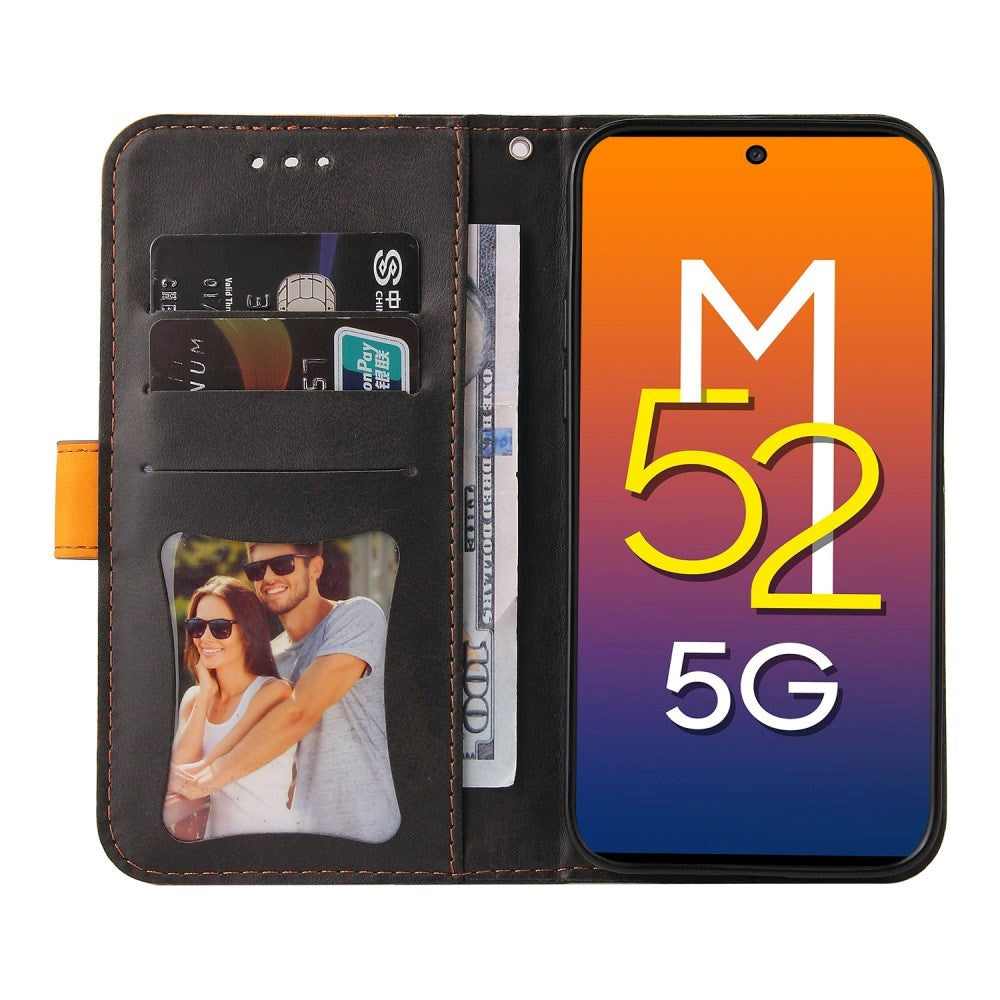 Samsung Galaxy M52 (5G) Tofarget Skinndeksel med Lommebok - Oransje / Svart