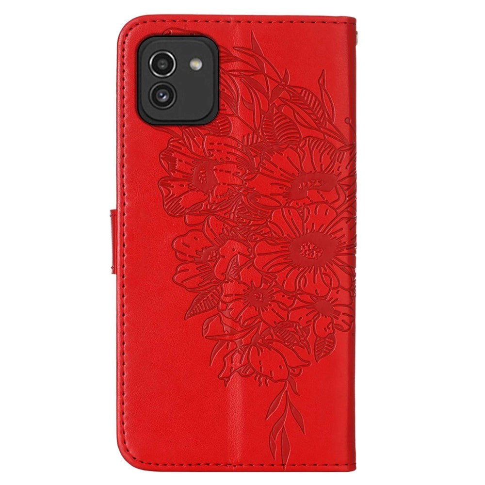 Samsung Galaxy A03 PU Skinn Flip Deksel med Lommebok Sommerfugler & Blomster - Rød