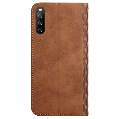 Sony Xperia 10 III PU Skinn Flip Deksel m. Kortholder & Ribbet Design - Brun