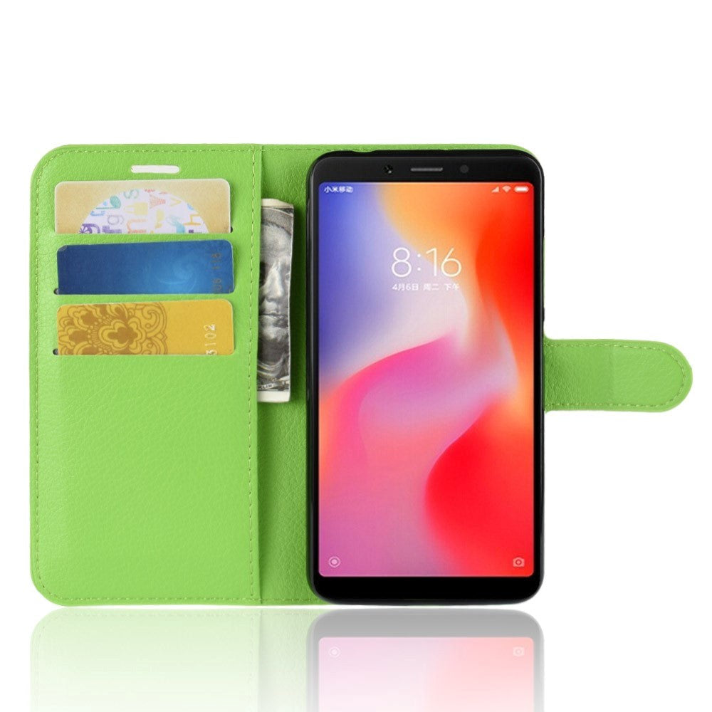 Xiaomi Redmi 6 Litchi Texture Leather Stand Deksel med Lommebok Grønn