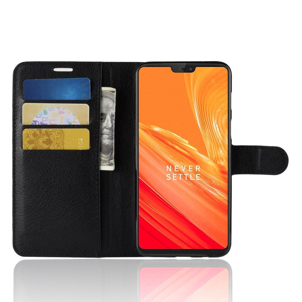 OnePlus 6 Litchi Texture Leather Stand Deksel med Lommebok Svart