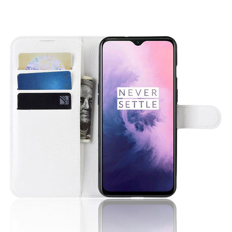 OnePlus 7 Skinn Flip Deksel m. Stativ og Kortholder - Hvit