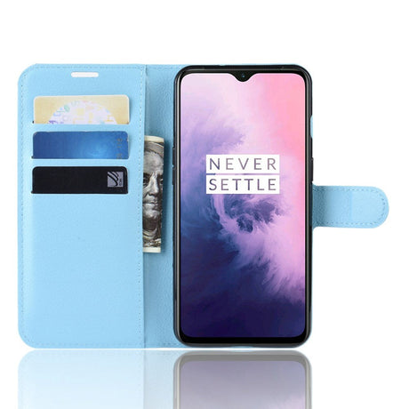 OnePlus 7 Skinn Flip Deksel m. Stativ og Kortholder - Blå