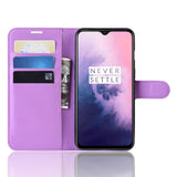 OnePlus 7 Skinn Flip Deksel m. Stativ og Kortholder - Lilla