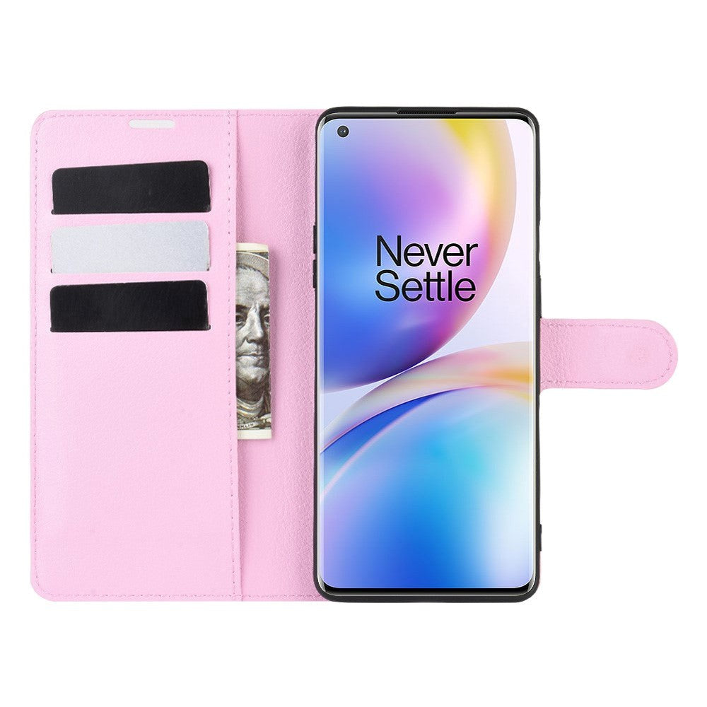 OnePlus 8 Pro Litchi Skinn Deksel m. Lommebok - Rosa