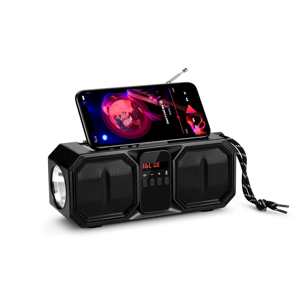 Denver Trådløs Bluetooth Høyttaler med FM-Radio & Lommelykt - Solcelledrevet - Svart