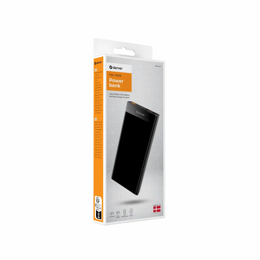 Denver PQC-10008 22.5W PowerBank - 10.000 mAh - Svart