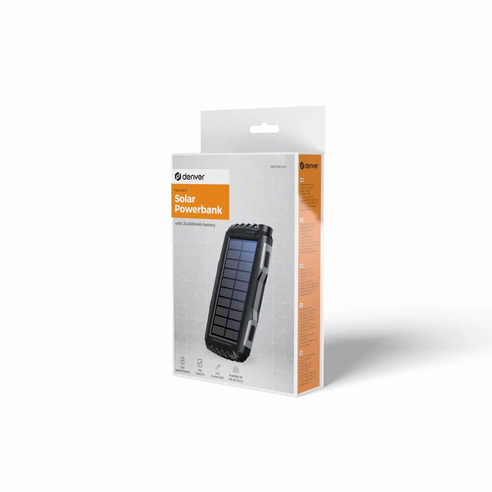 Denver PSO-20010 Solcelle 20.000mAh PowerBank m. USB-A & USB-C - Svart