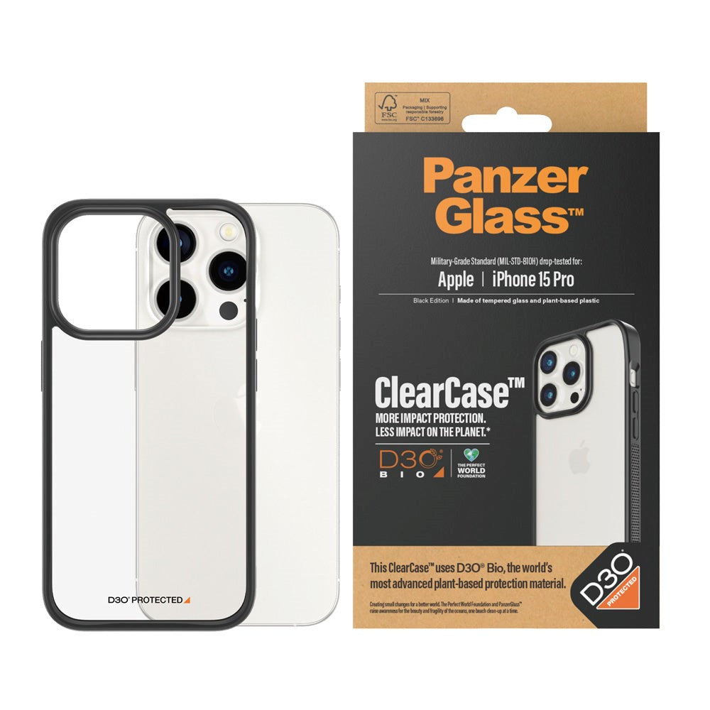 iPhone 15 Pro Deksel PanzerGlass D3O Bio ClearCase - Svart Kant