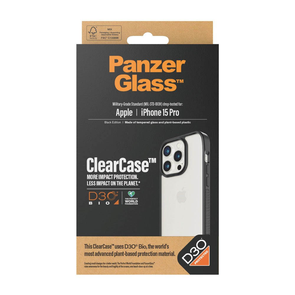 iPhone 15 Pro Deksel PanzerGlass D3O Bio ClearCase - Svart Kant