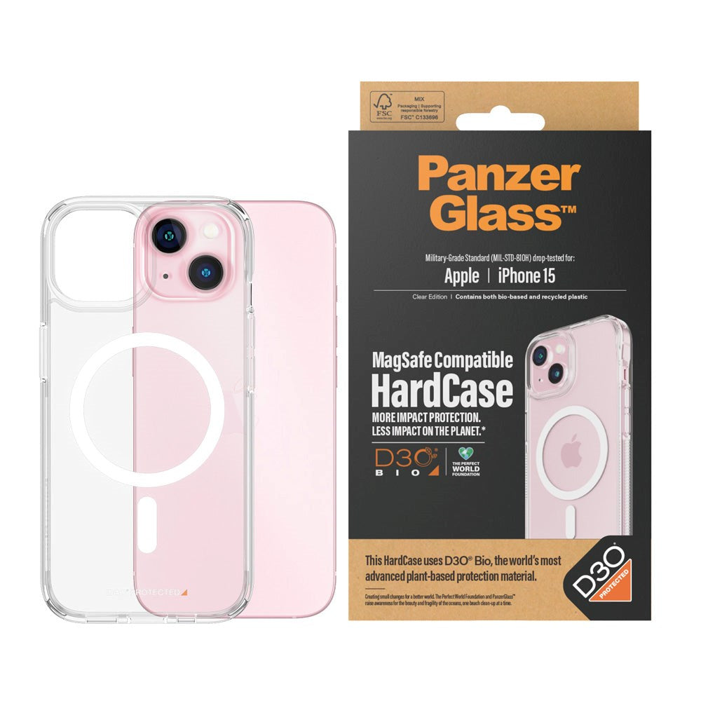 iPhone 15 Deksel PanzerGlass D3O® Bio HardCase  - MagSafe Kompatibel - Gjennomsiktig