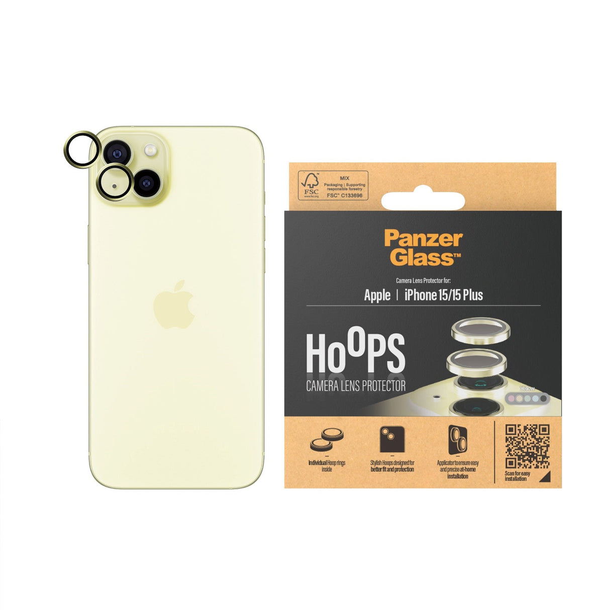 iPhone 15 / 15 Plus PanzerGlass Hoops - Kamerabeskyttelse - Gjennomsiktig / Gul