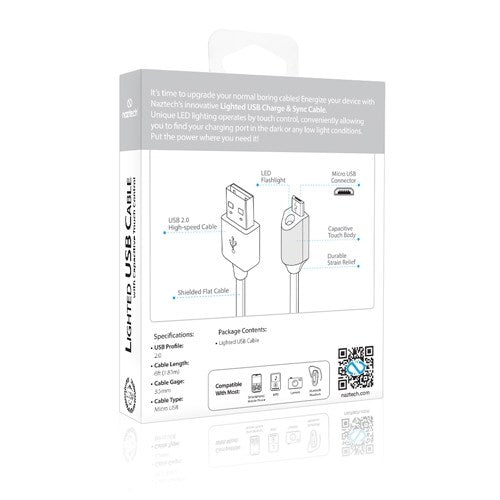 Naztech Micro-USB kabel med Lys - Hvit