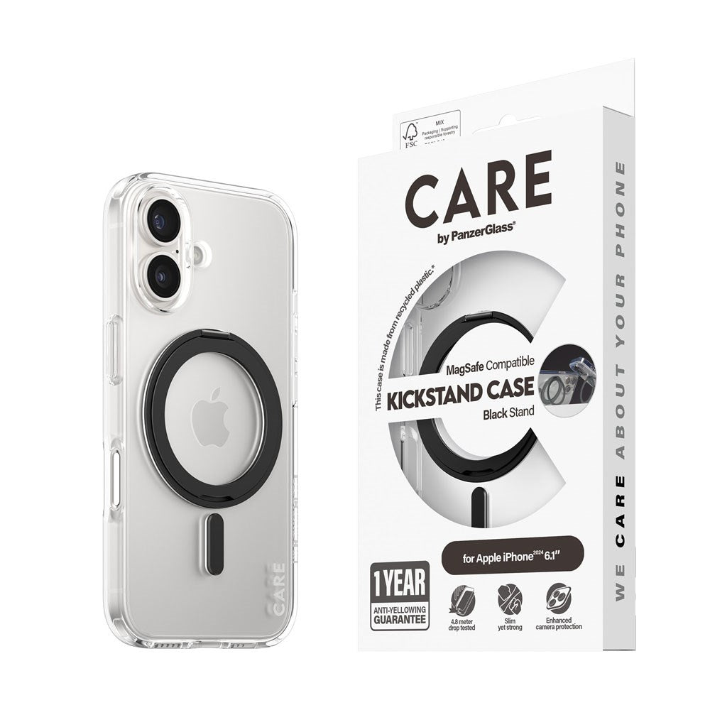 CARE by PanzerGlass iPhone 16 Feature Kickstand Deksel - MagSafe Kompatibel - Transparent / Black