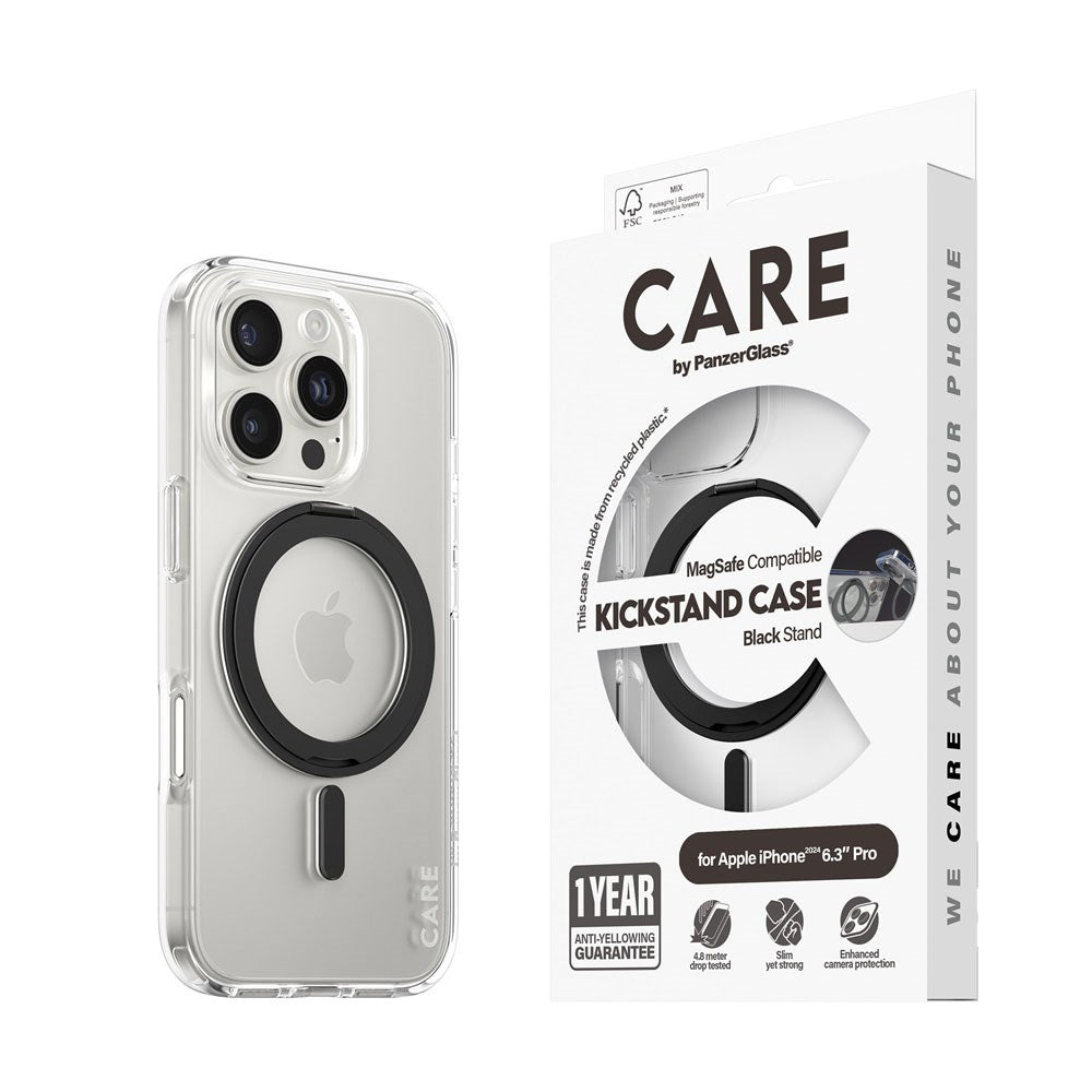 CARE by PanzerGlass iPhone 16 Pro Feature Kickstand Deksel - MagSafe Kompatibel - Transparent / Black