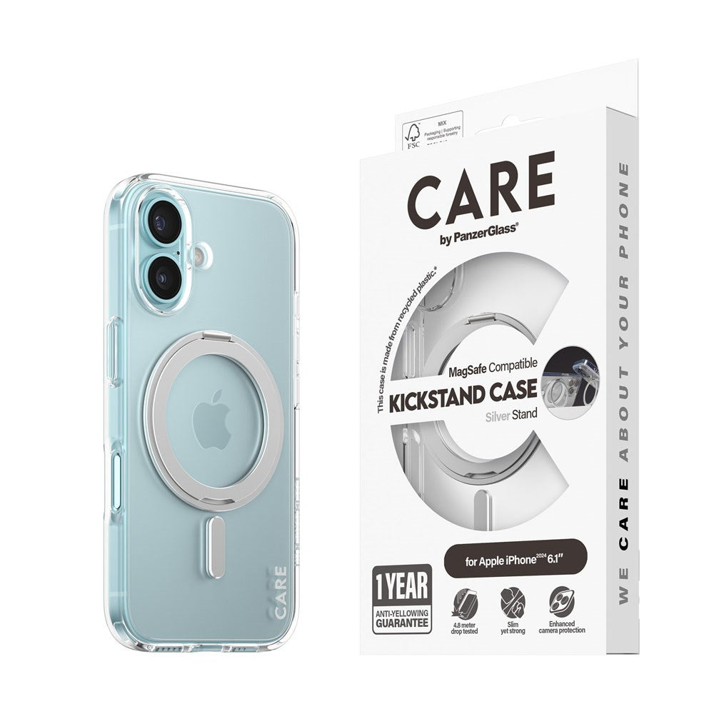 CARE by PanzerGlass iPhone 16 Feature Kickstand Deksel - MagSafe Kompatibel - Transparent / Silver