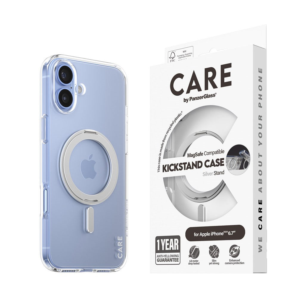 CARE by PanzerGlass iPhone 16 Plus Feature Kickstand Deksel - MagSafe Kompatibel - Transparent / Silver