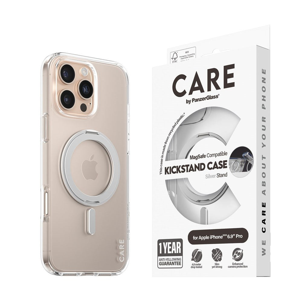 CARE by PanzerGlass iPhone 16 Pro Max Feature Kickstand Deksel - MagSafe Kompatibel - Transparent / Silver