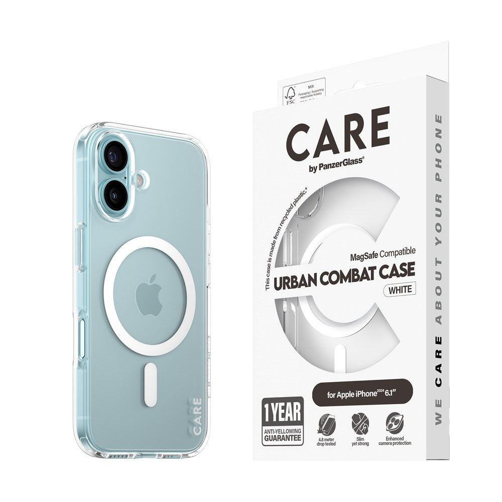 CARE by PanzerGlass iPhone 16 FLAGSHIP Urban Combat-deksel - MagSafe Kompatibel - Transparent / White