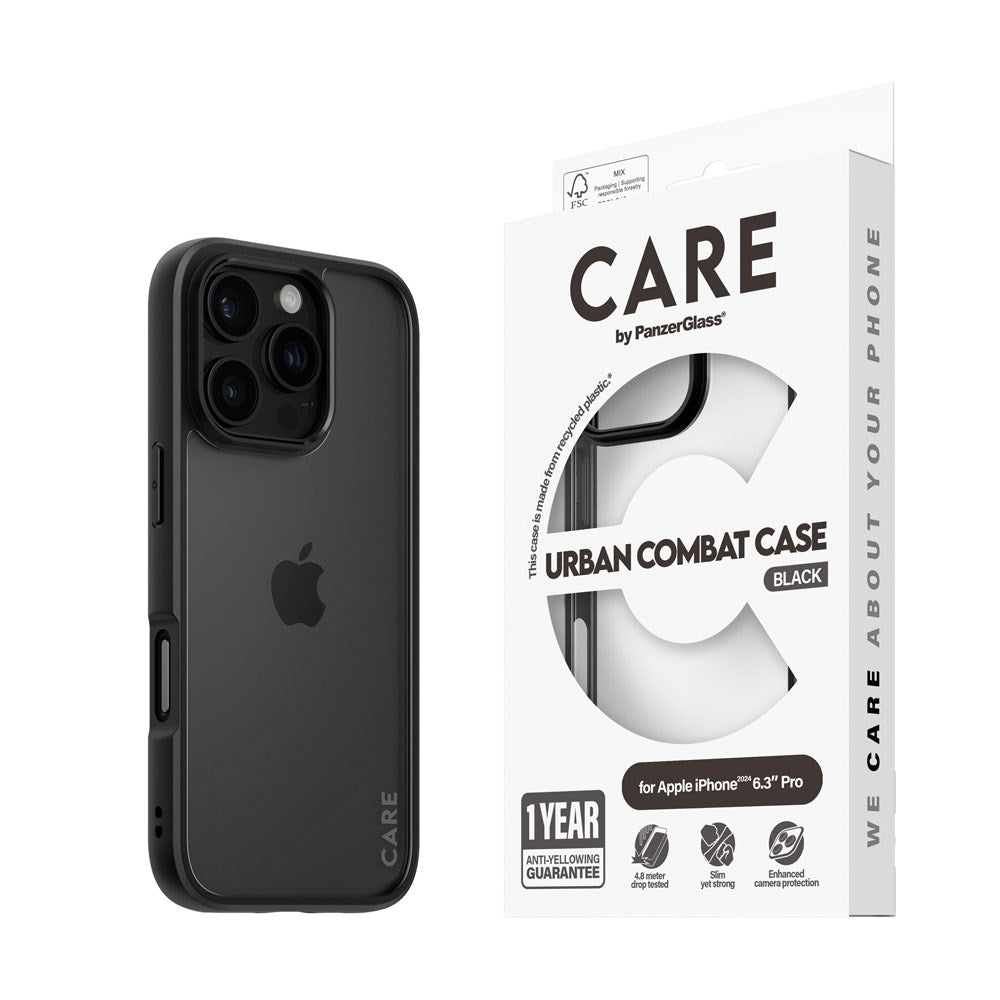 CARE by PanzerGlass iPhone 16 Pro FLAGSHIP Urban Combat-deksel - Transparent / Black Frame