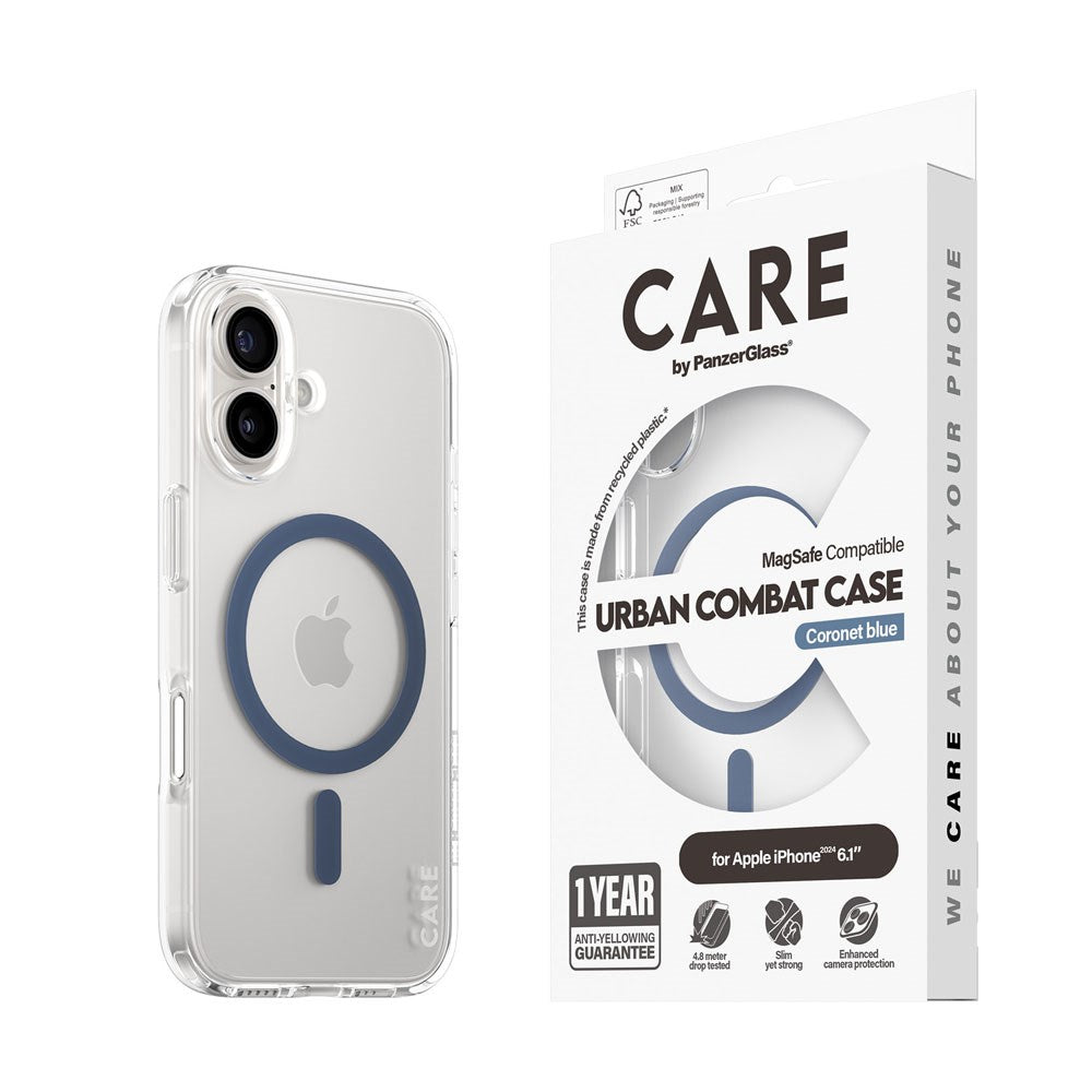 CARE by PanzerGlass iPhone 16 FLAGSHIP Urban Combat-deksel - MagSafe Kompatibel - Transparent / Coronet Blue