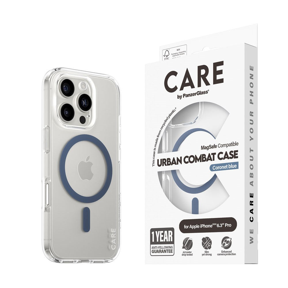 CARE by PanzerGlass iPhone 16 Pro FLAGSHIP Urban Combat-deksel - MagSafe Kompatibel - Transparent / Coronet Blue
