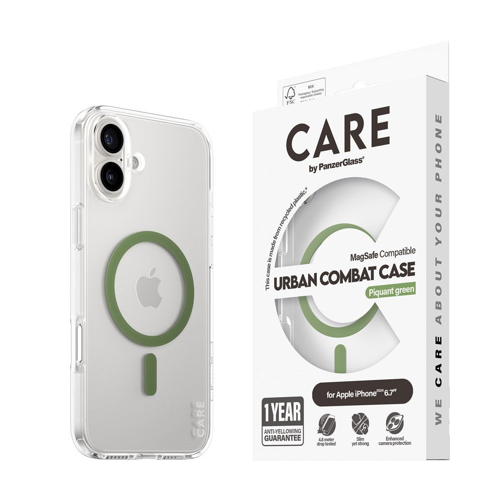 CARE by PanzerGlass iPhone 16 Plus FLAGSHIP Urban Combat-deksel - MagSafe Kompatibel - Transparent / Piquant Green
