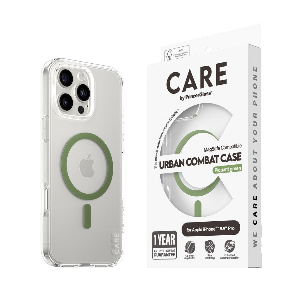 CARE by PanzerGlass iPhone 16 Pro Max FLAGSHIP Urban Combat-deksel - MagSafe Kompatibel - Transparent / Piquant Green