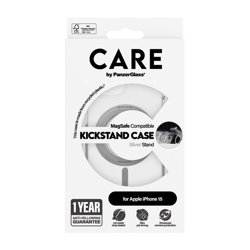 CARE by PanzerGlass iPhone 15 Feature Kickstand Deksel - MagSafe Kompatibel - Transparent / Silver