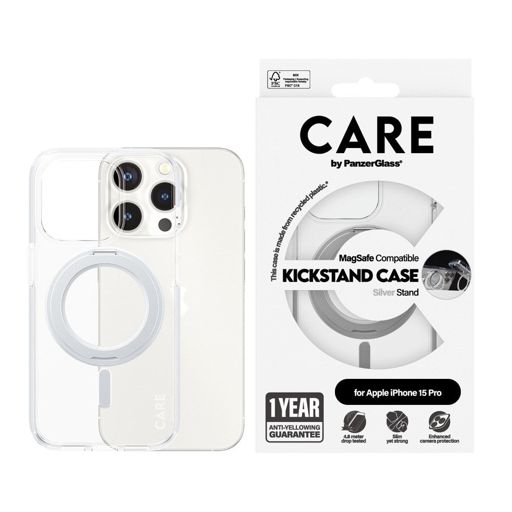 CARE by PanzerGlass iPhone 15 Pro Feature Kickstand Deksel - MagSafe Kompatibel - Transparent / Silver