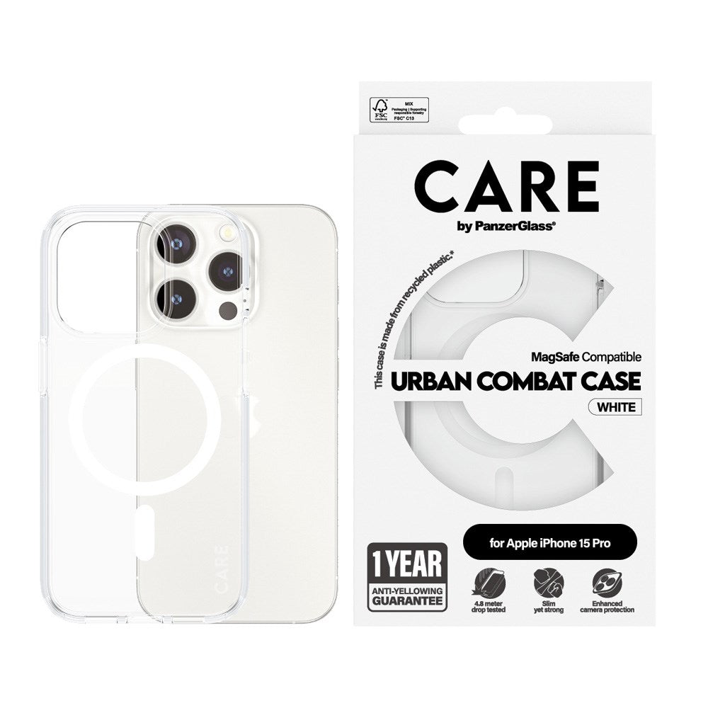 CARE by PanzerGlass iPhone 15 Pro FLAGSHIP Urban Combat-deksel - MagSafe Kompatibel - Transparent / White