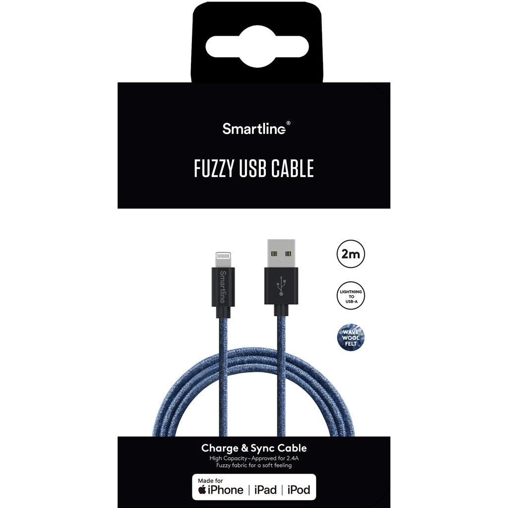 Smartline Fuzzy USB-A til Lightning Kabel 2 meter - Blå