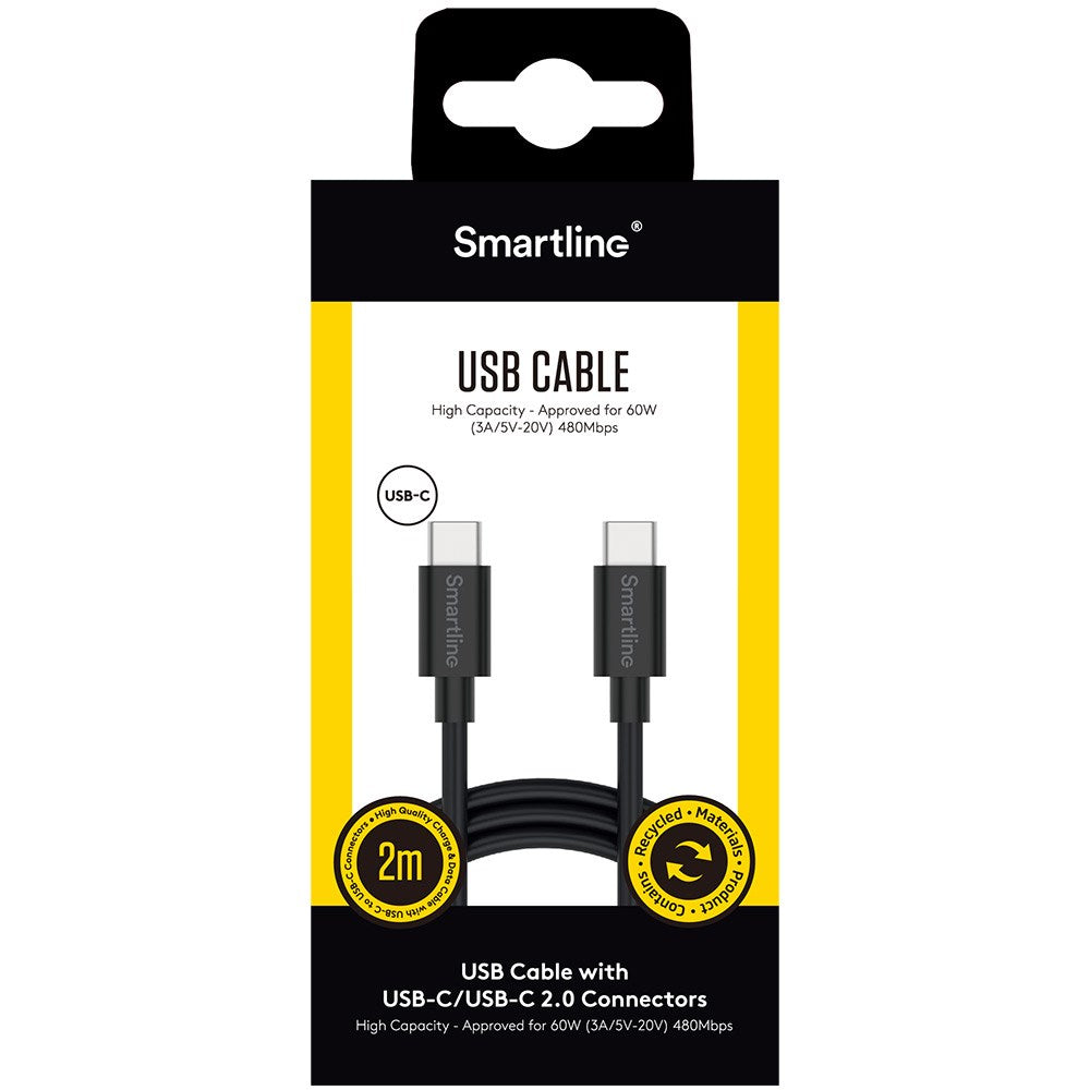 Smartline USB-C til USB-C-Kabel (3A/60W) - 2 m - Svart