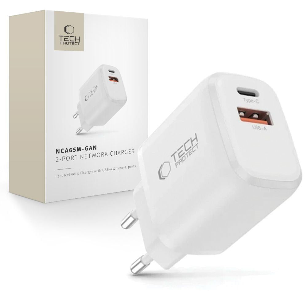 Tech-Protect 65W Vegglader m. 1x USB-C & 1x USB-A - Hvit