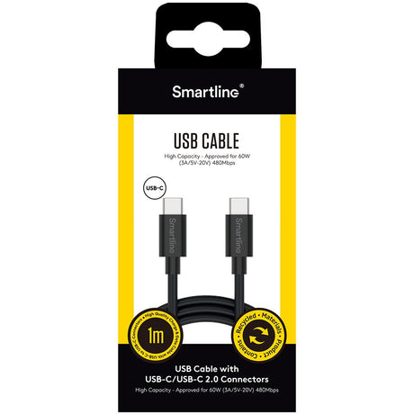 Smartline USB-C til USB-C-Kabel (3A/60W) - 1 m - Svart