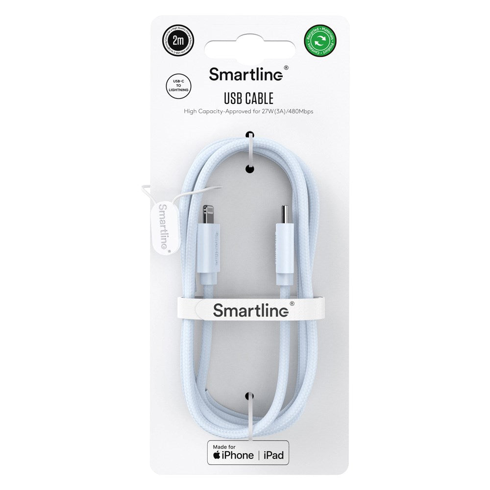 Smartline (3A/27W) USB-C til Lightning Braidy Kabel 2m - Lys Blå