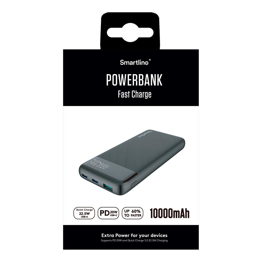 Smartline 10.000mAh Powerbank med PD / QC3.0 & LED-Display - Svart